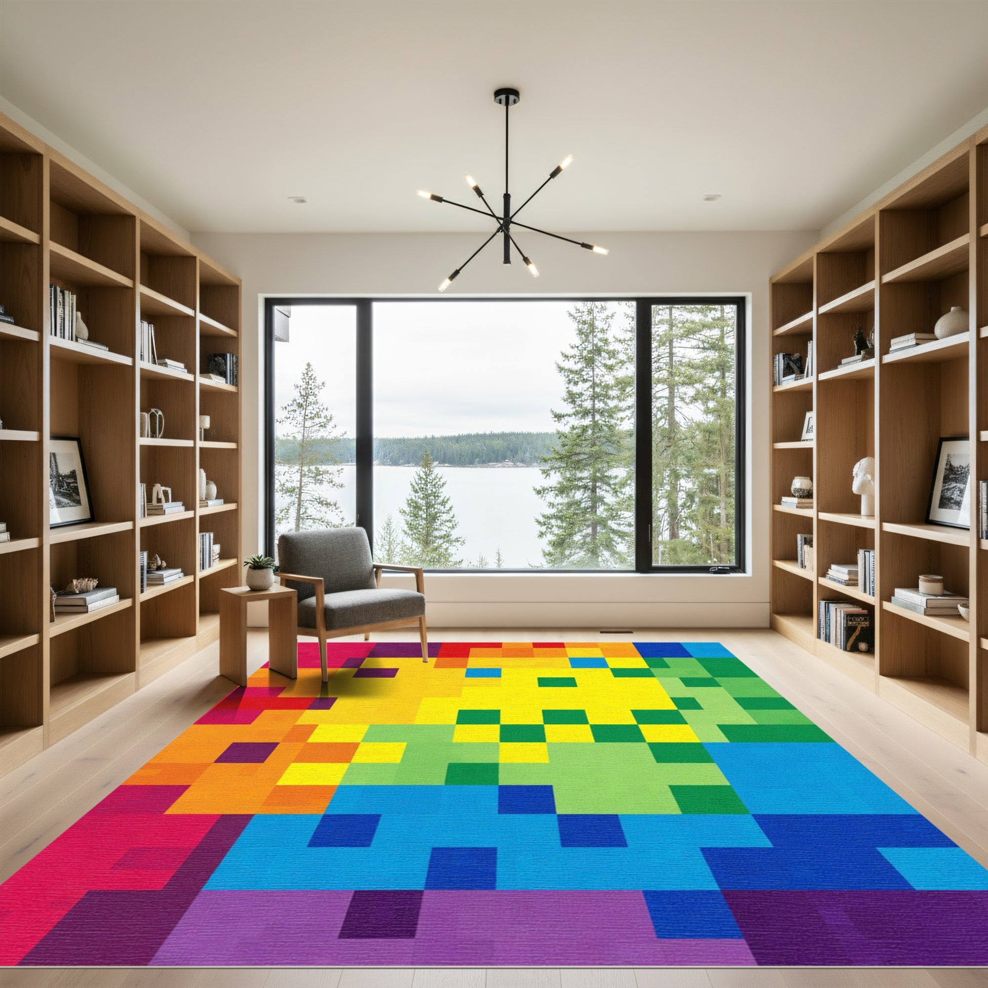 Vibrant Pixelated Rainbow Geometric Rug