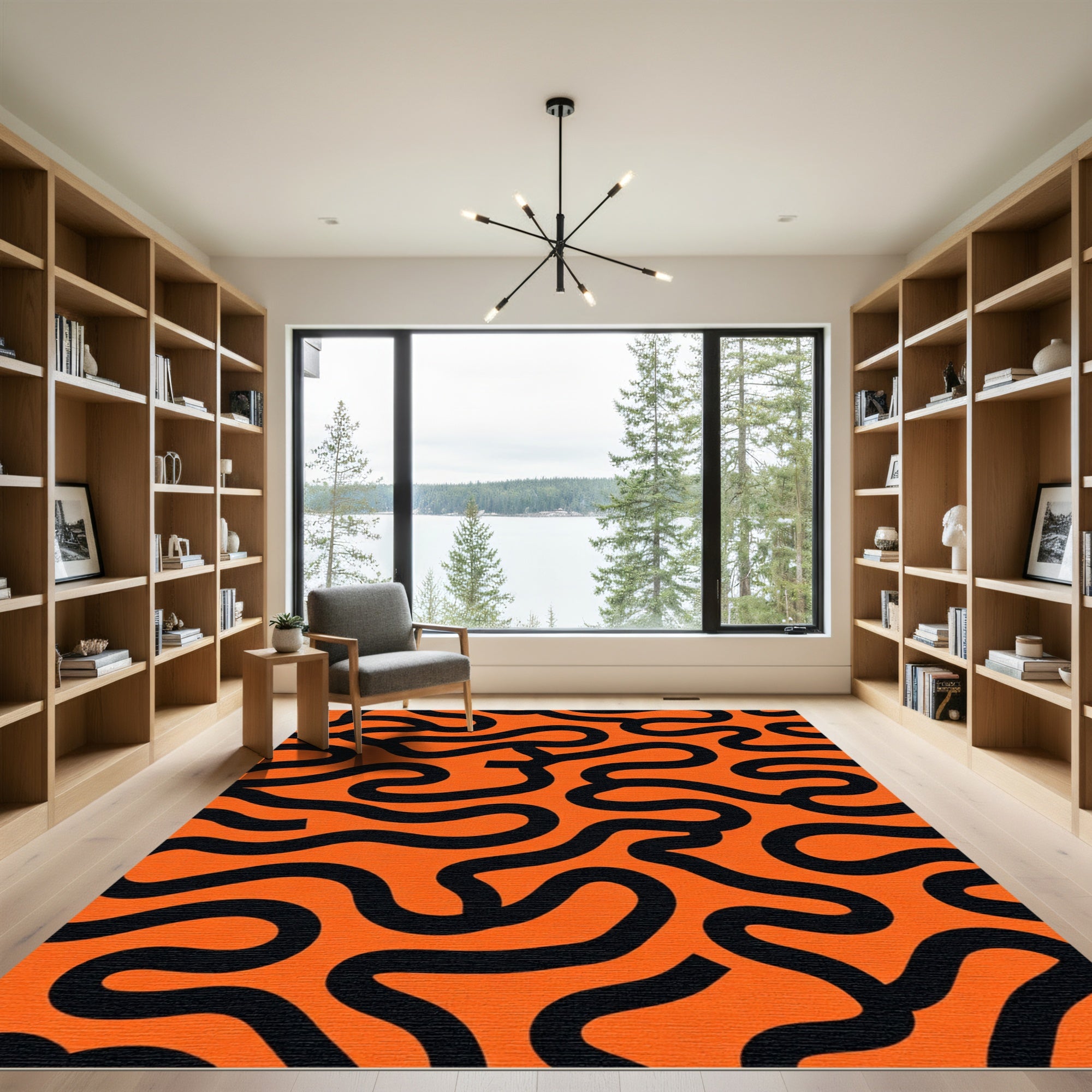Bold Orange Black Abstract Swirl Rug
