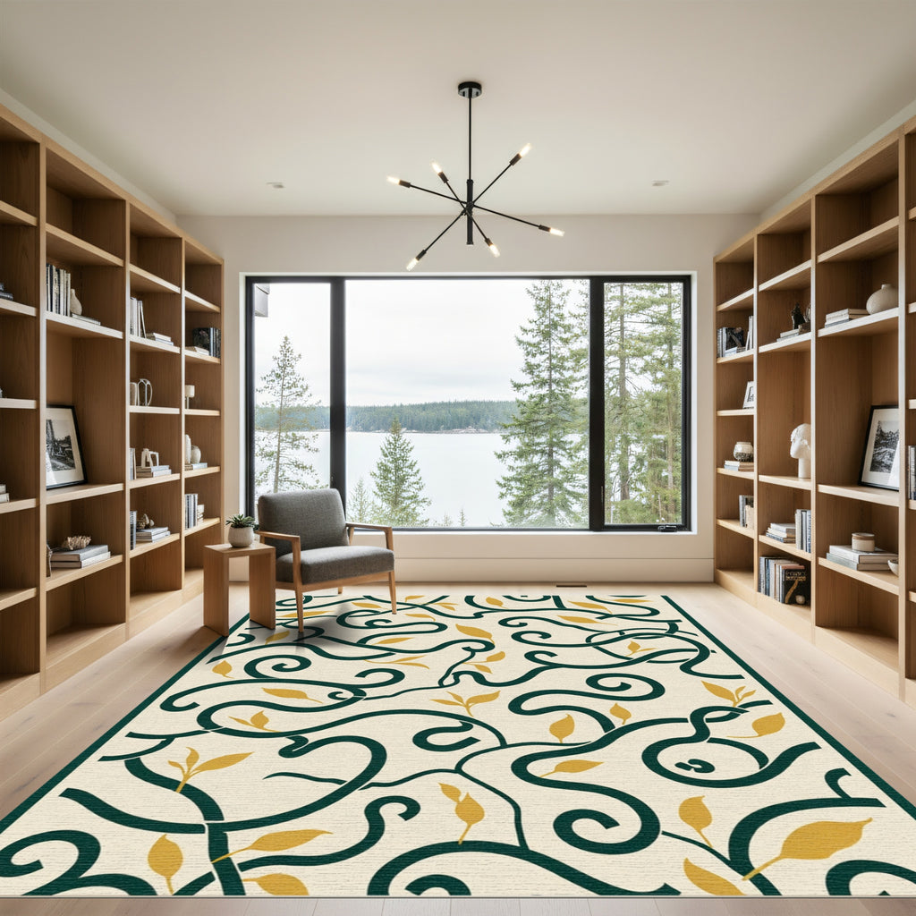 Cream Green Golden Leaf Vine Rug
