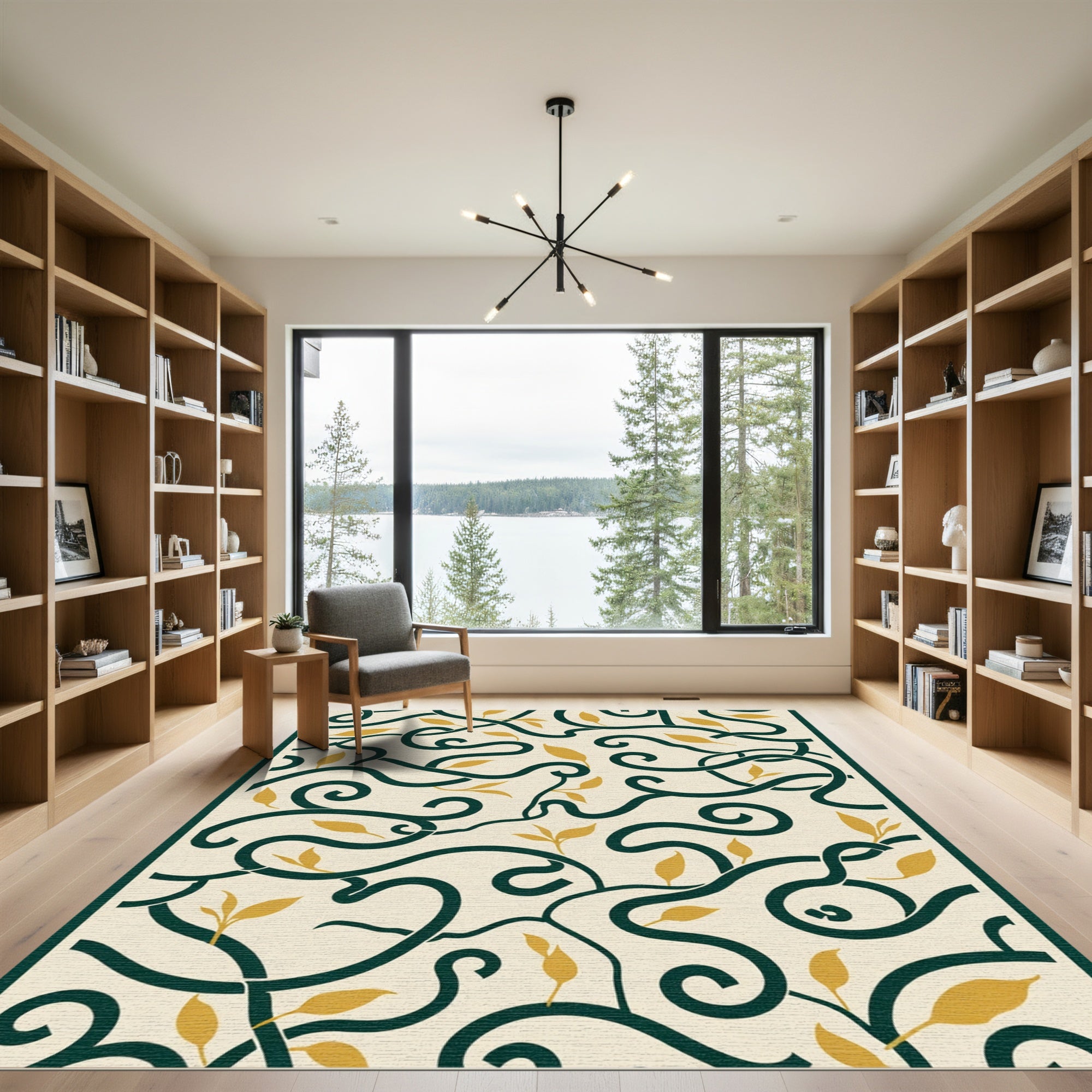 Cream Green Golden Leaf Vine Rug