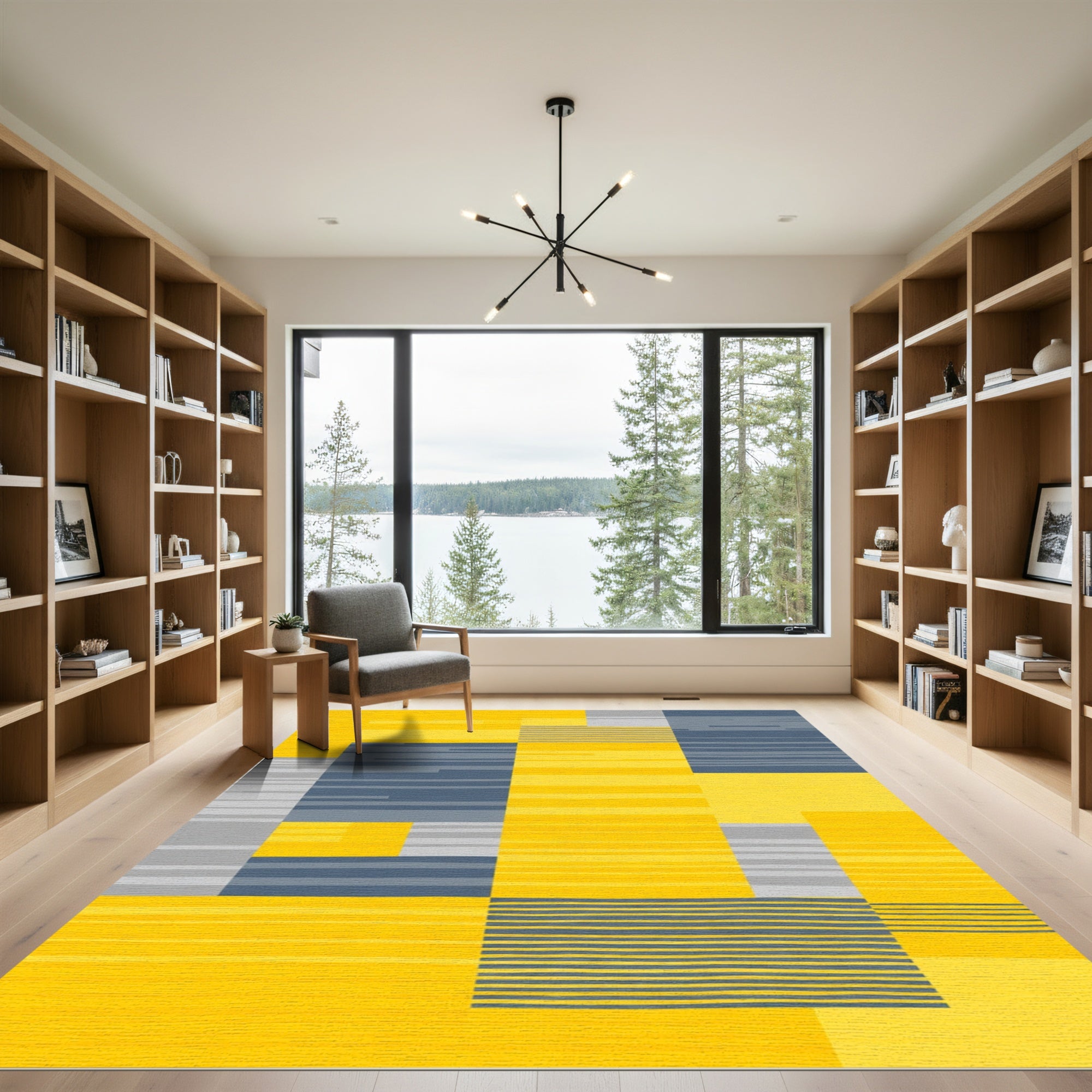 Geometric Yellow Gray Stripe Blocks Rug