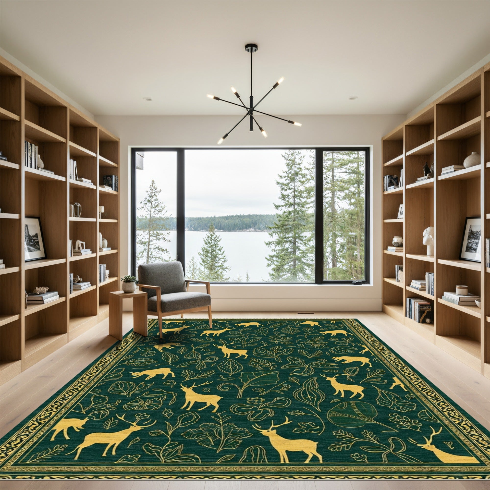 Golden Deer and Foliage Jacquard Rug