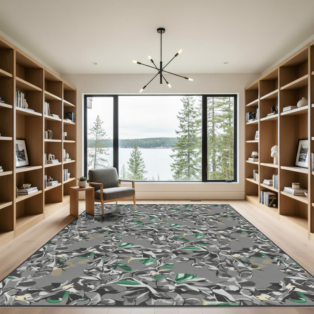 Gray Green Botanical Floral Swirl Rug
