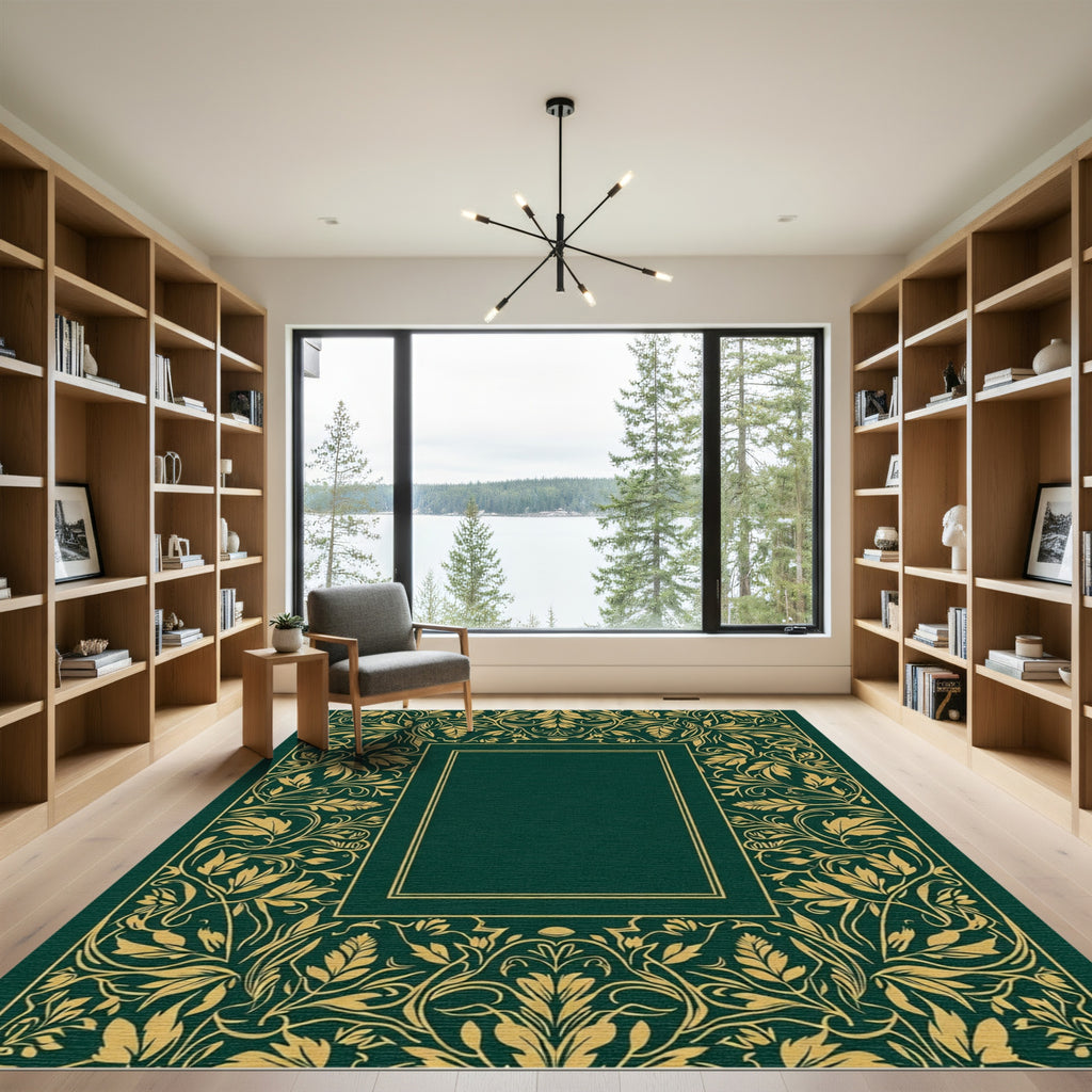 Emerald Green Gold Vine Border Rug