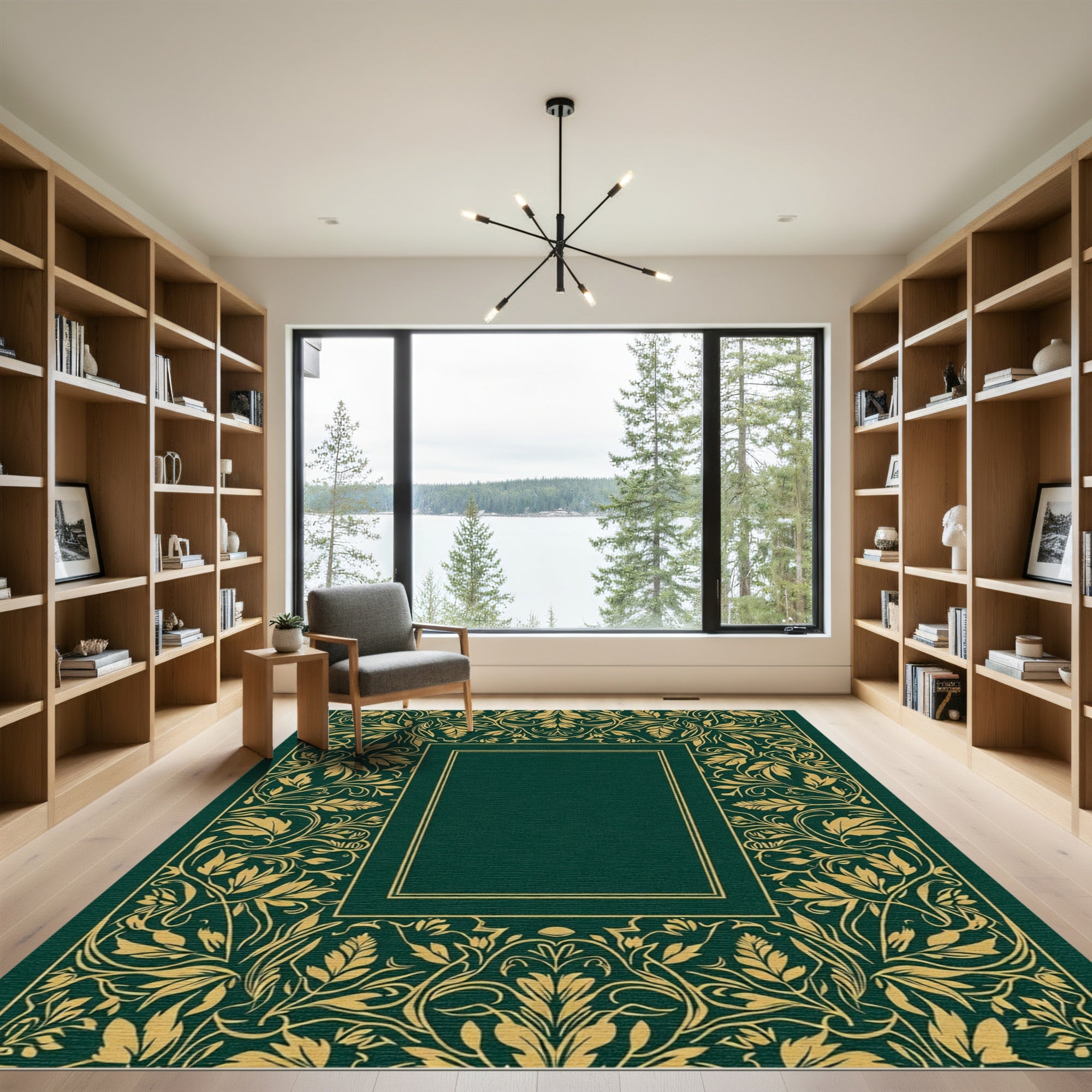 Emerald Green Gold Vine Border Rug