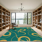 Teal Gold Abstract Swirl Flow Rug