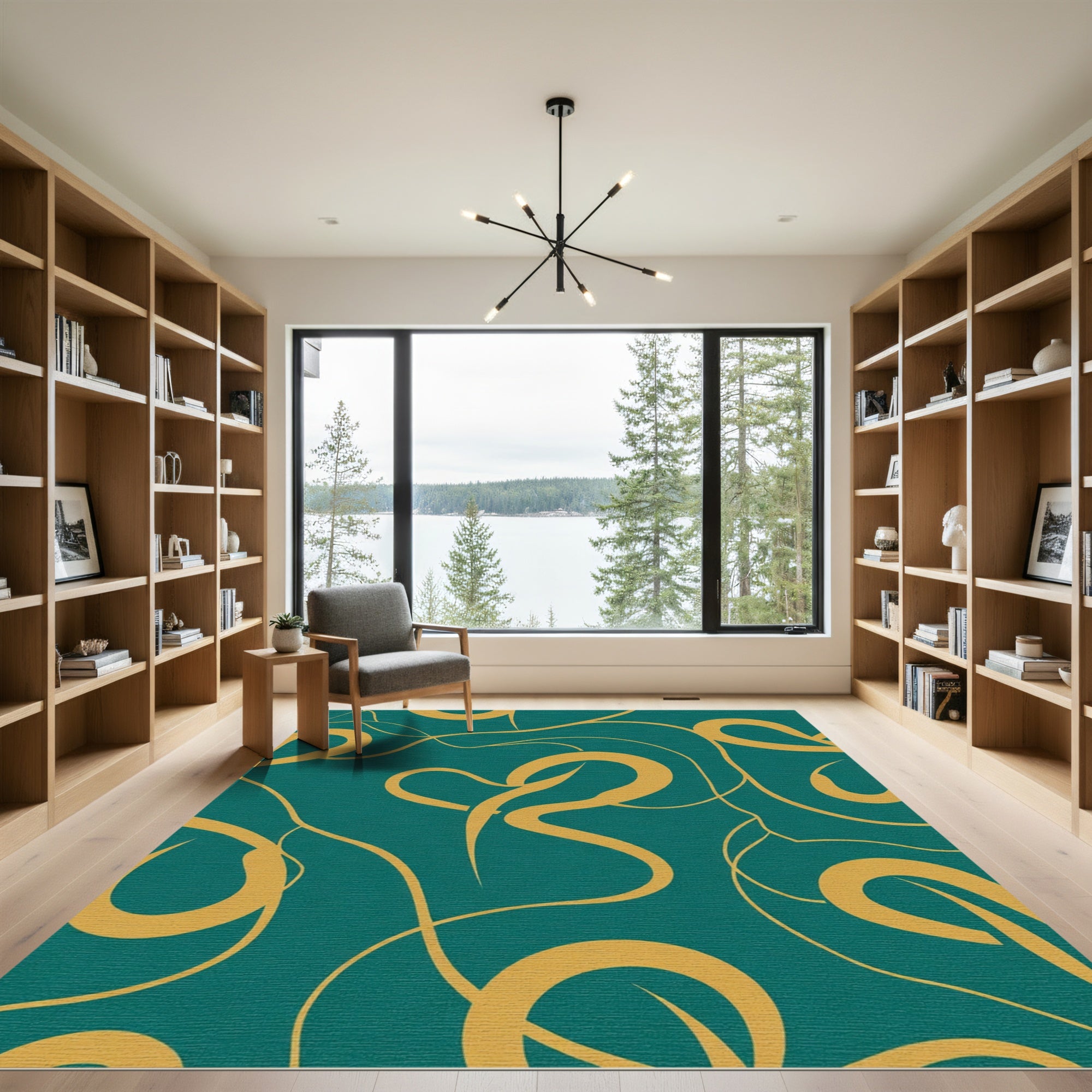Teal Gold Abstract Swirl Flow Rug