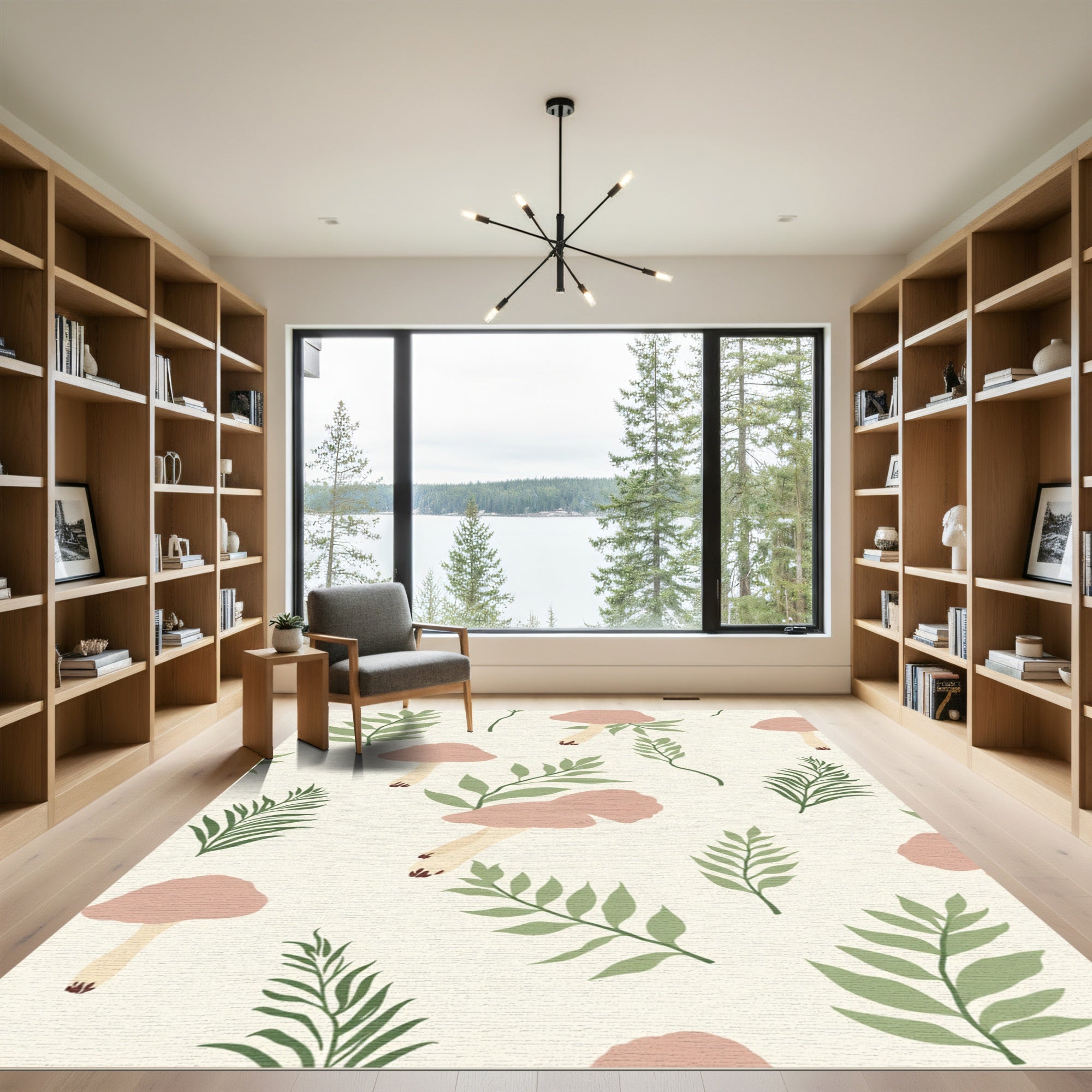 Delicate Pink Mushroom Fern Botanical Arrangement Rug