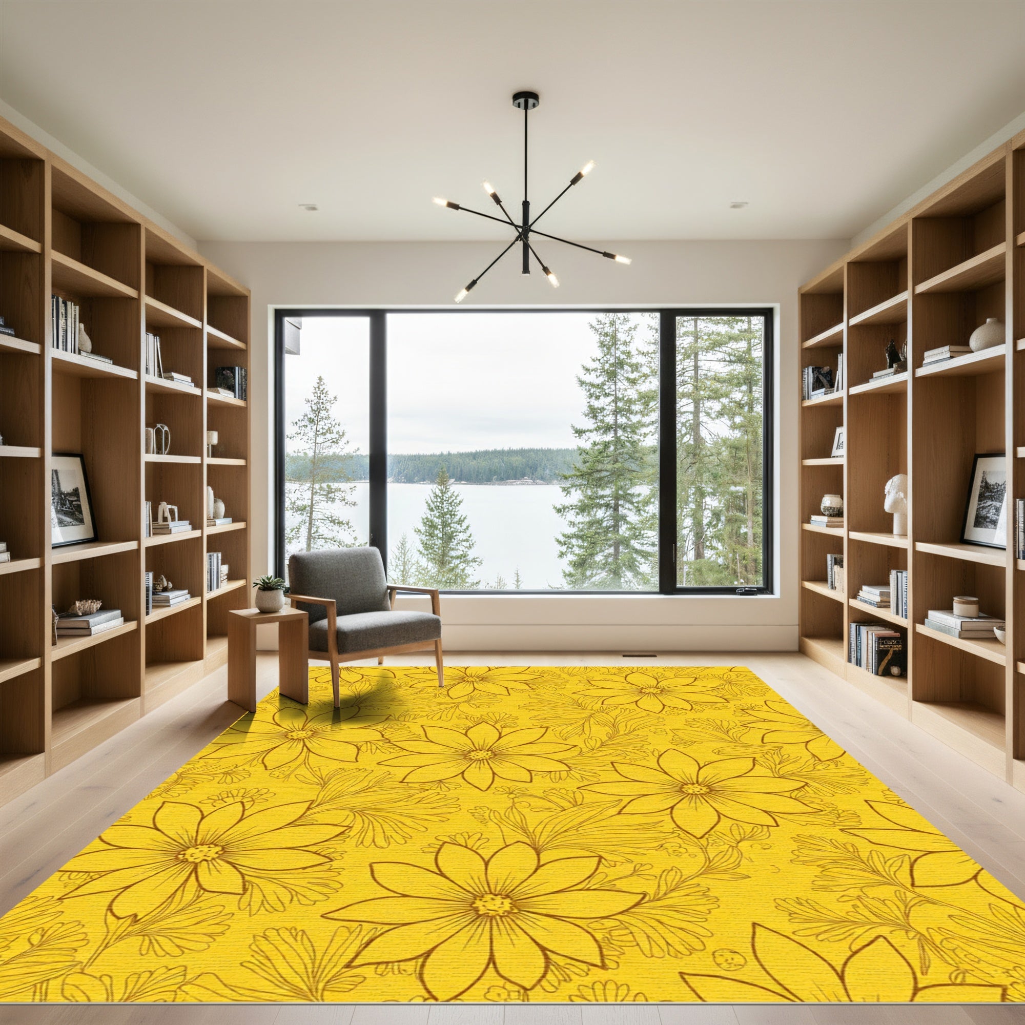 Golden Yellow Floral Outline Rug