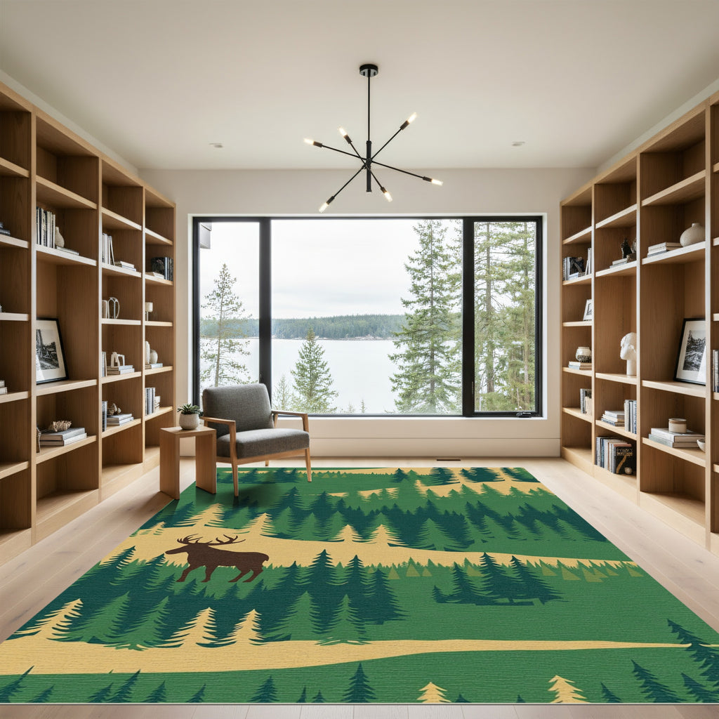 Deep Forest Deer Silhouette Landscape Rug