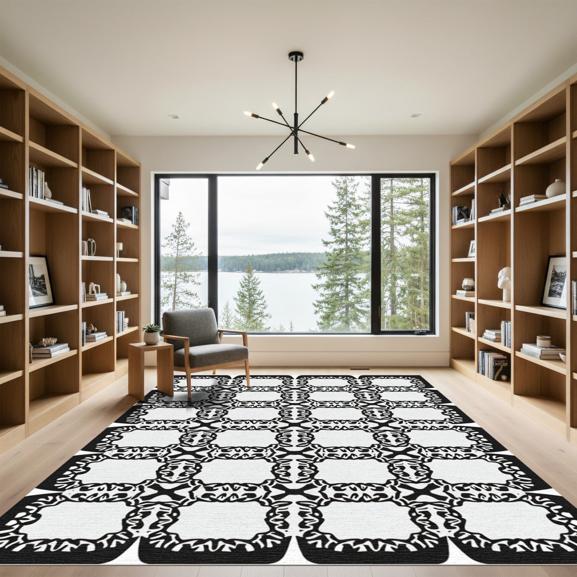 Black White Interlocking Scrollwork Rug