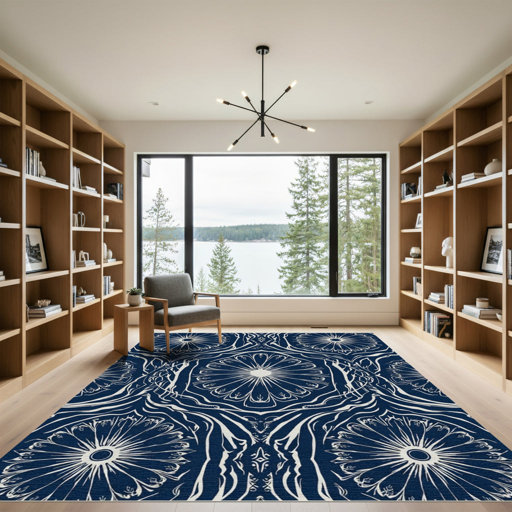Navy Cream Sunburst Mandala Art Rug