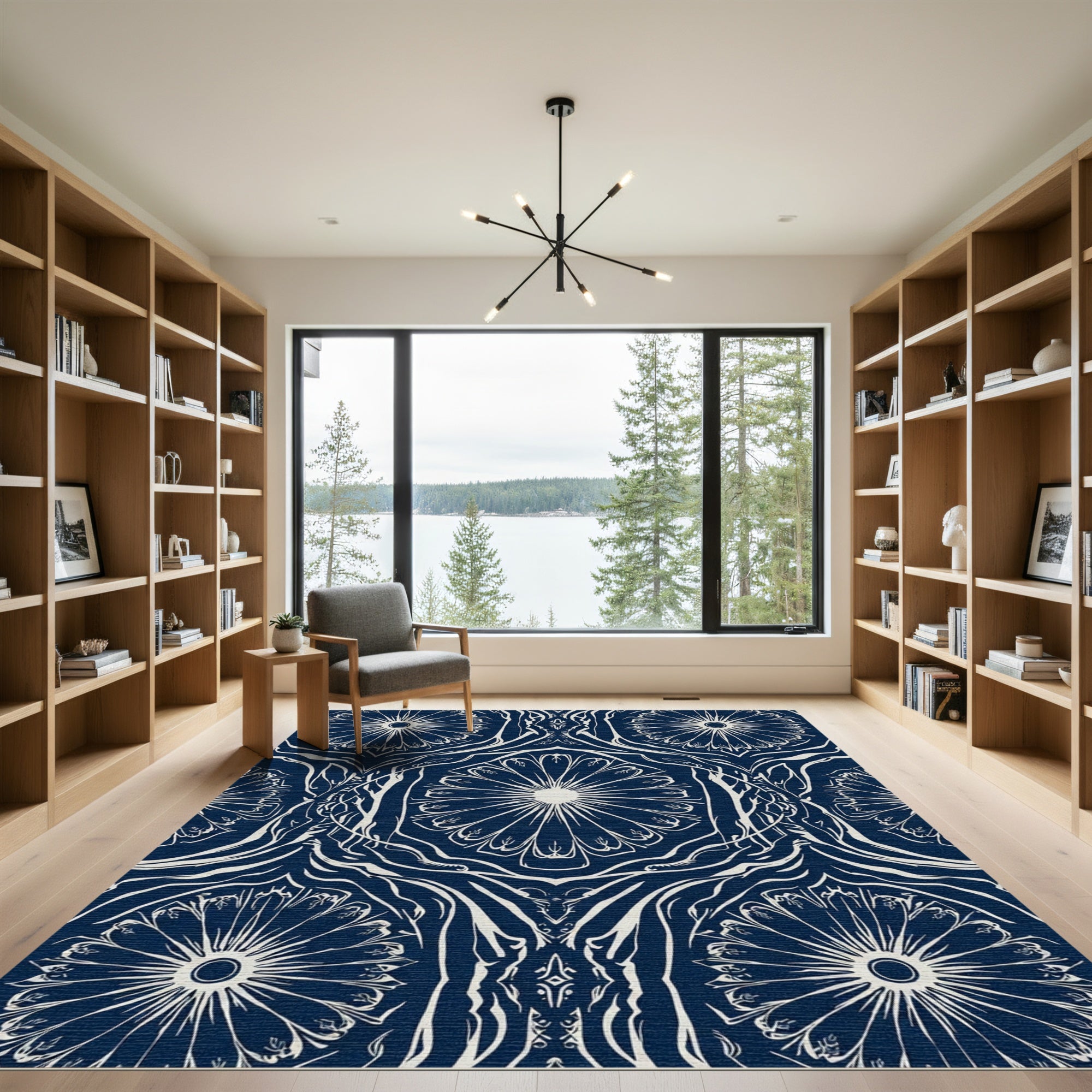 Navy Cream Sunburst Mandala Art Rug