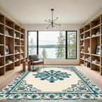 Teal Floral Medallion Ivory Border Rug