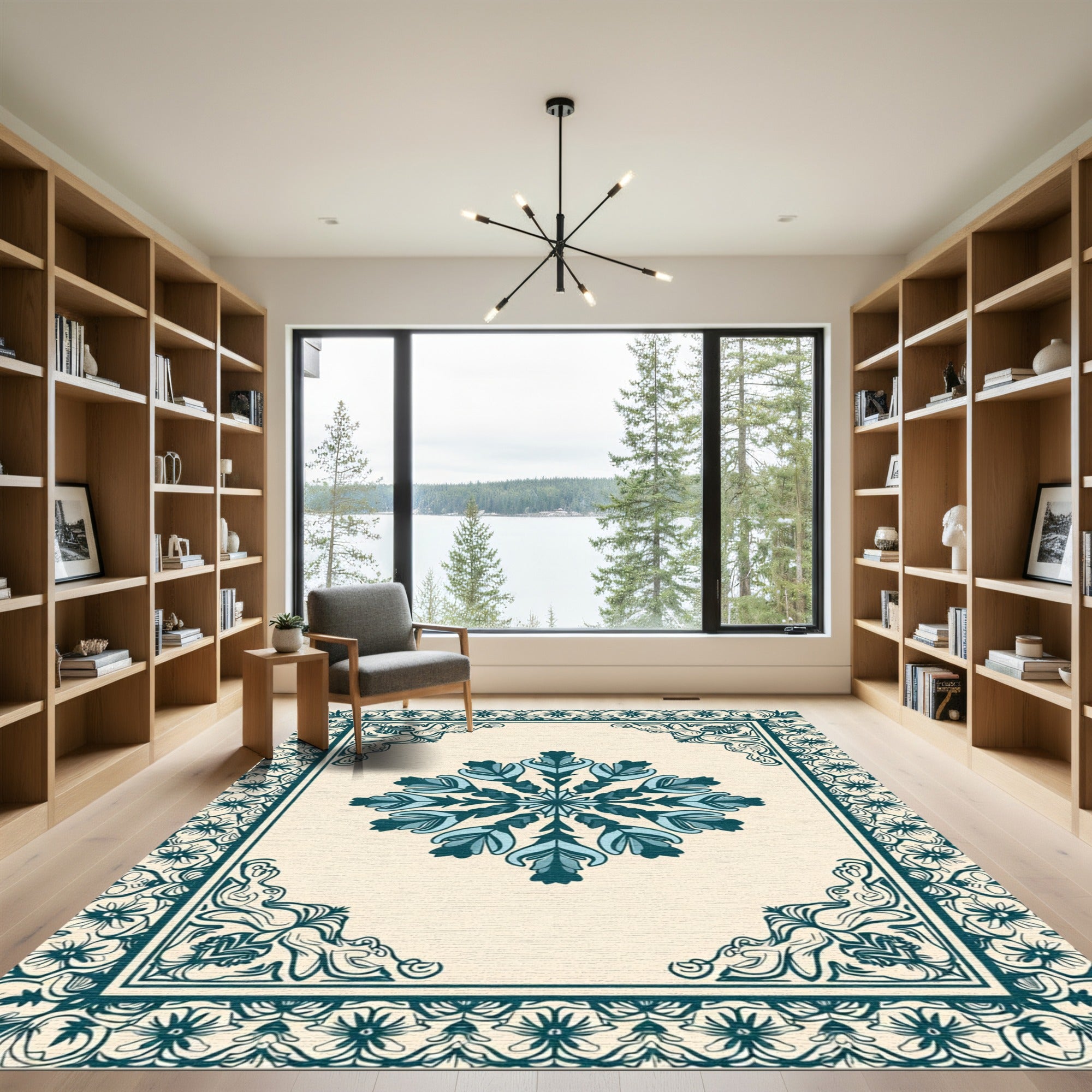 Teal Floral Medallion Ivory Border Rug