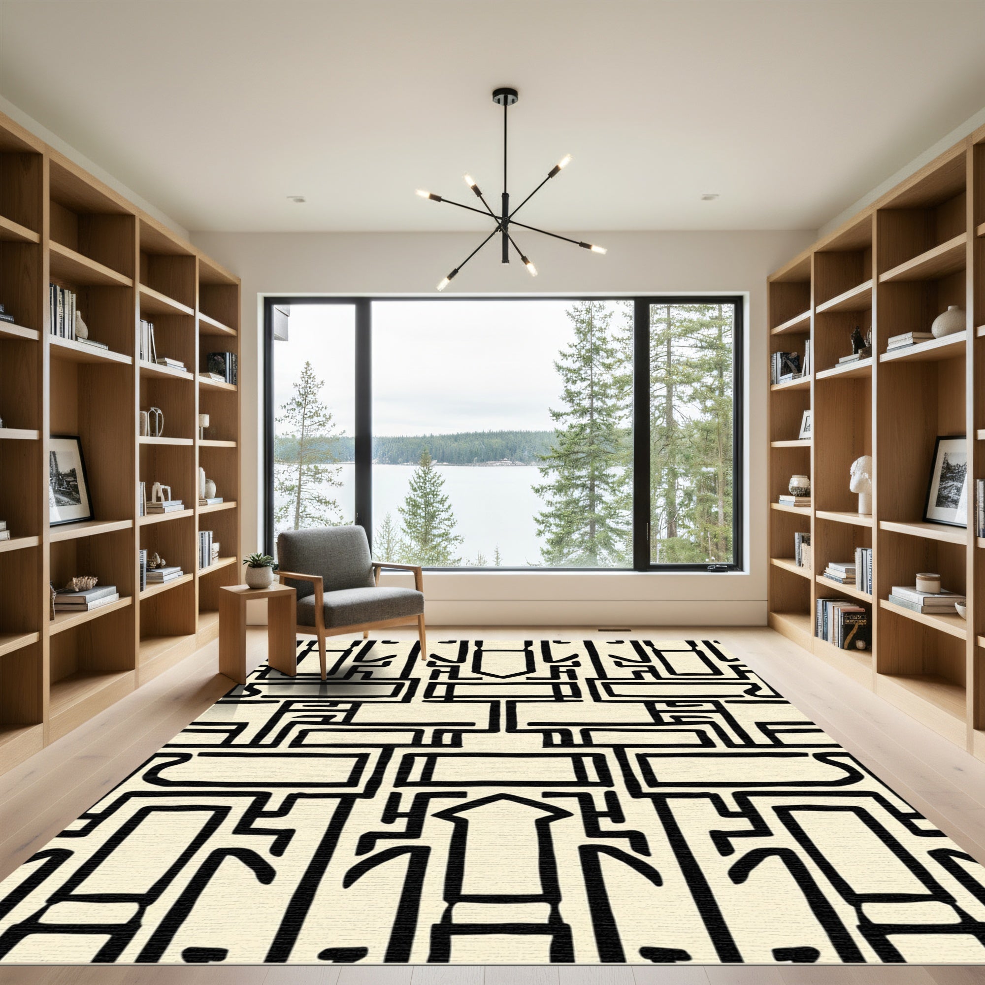 Abstract Black Geometric Labyrinth Rug