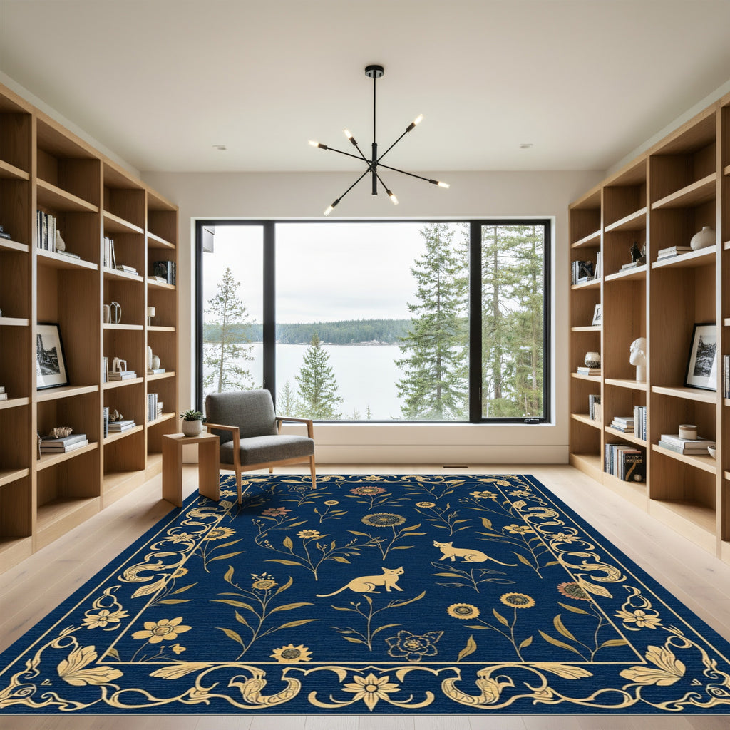 Golden Feline Floral Border Navy Rug