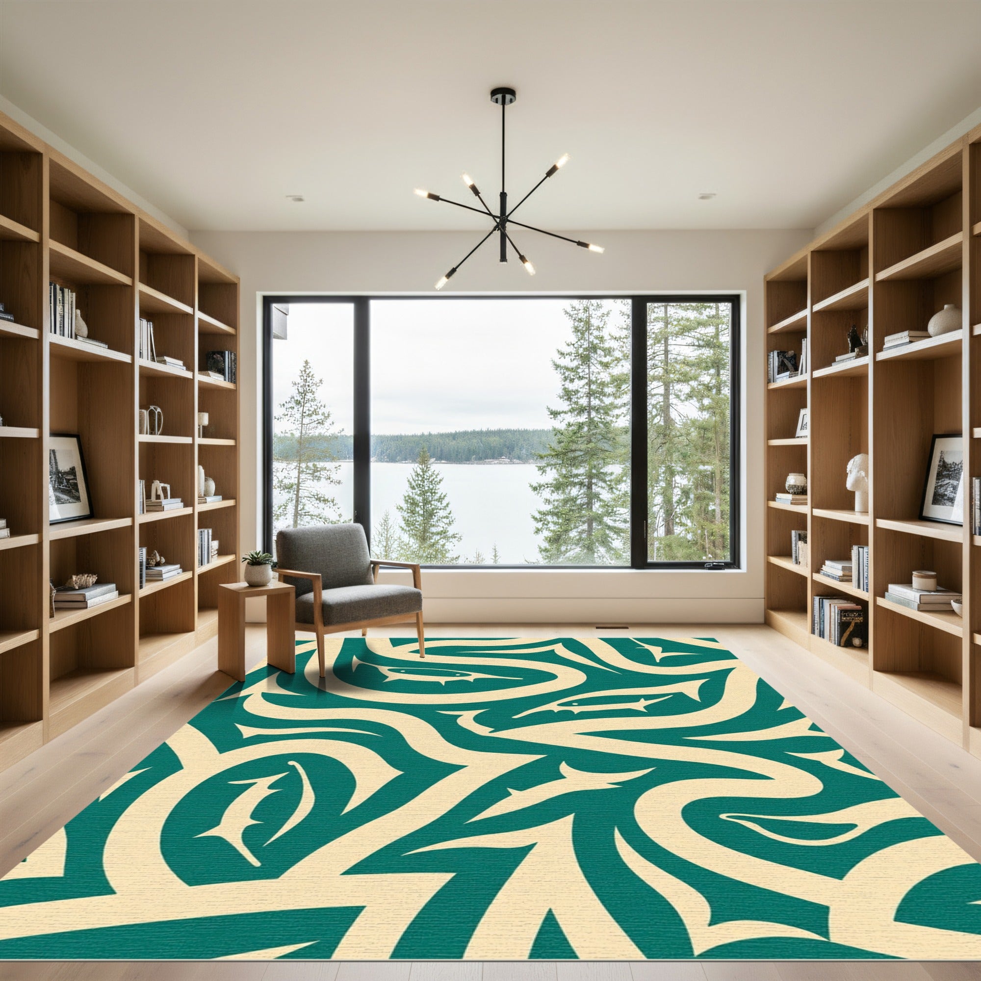 Teal Beige Tribal Fish Flow Rug