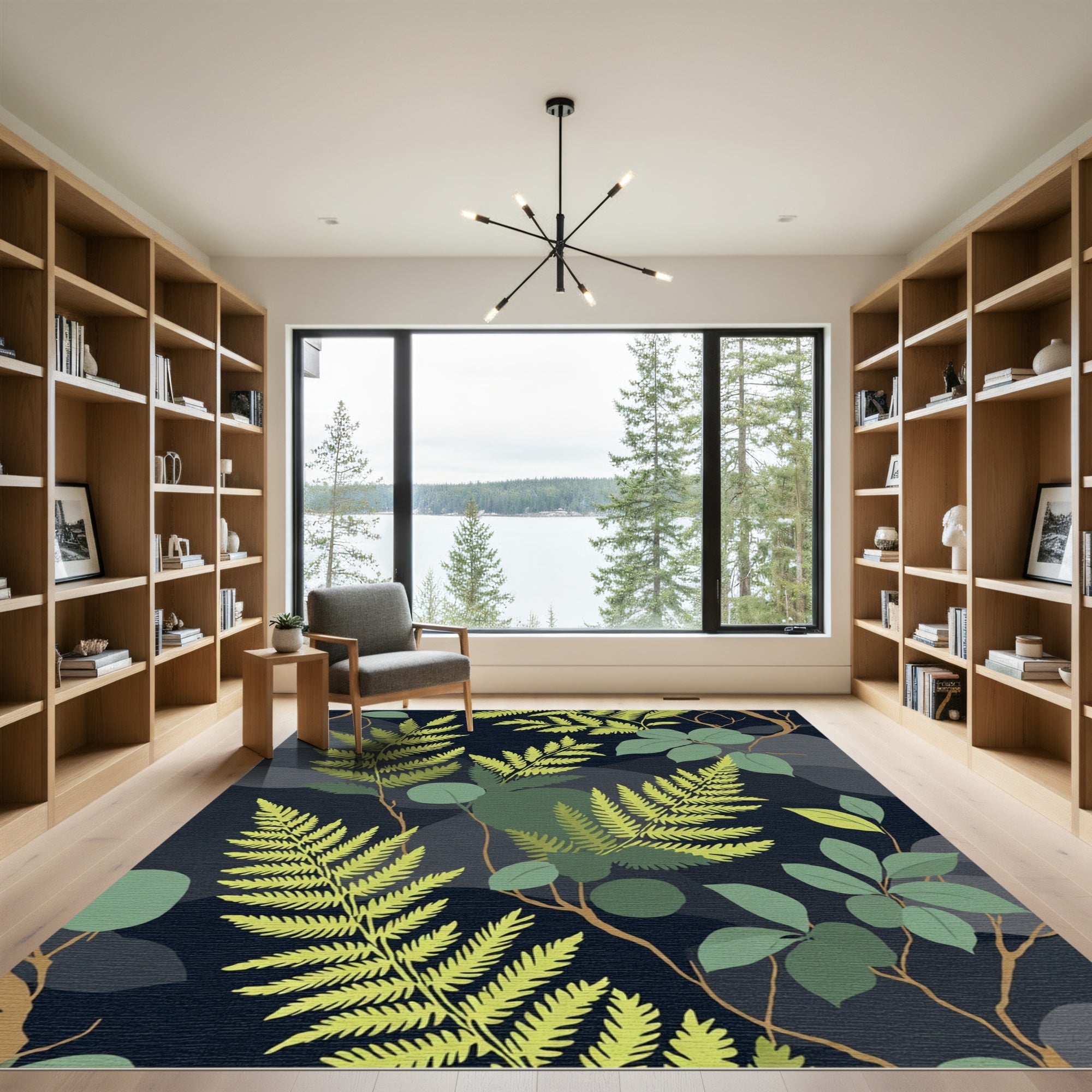 Green Fern Botanical Dark Abstract Rug