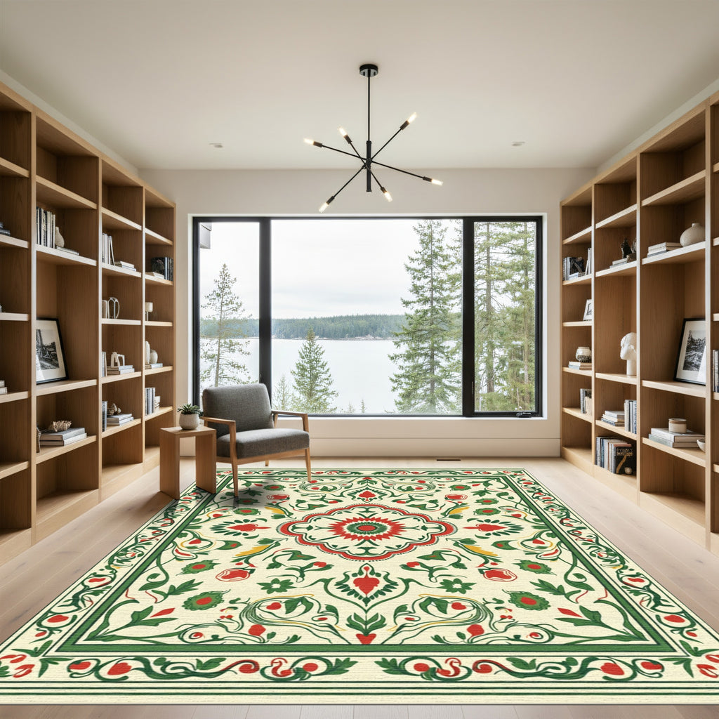 Ivory Cream Red Green Floral Scroll Rug