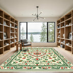 Ivory Cream Red Green Floral Scroll Rug