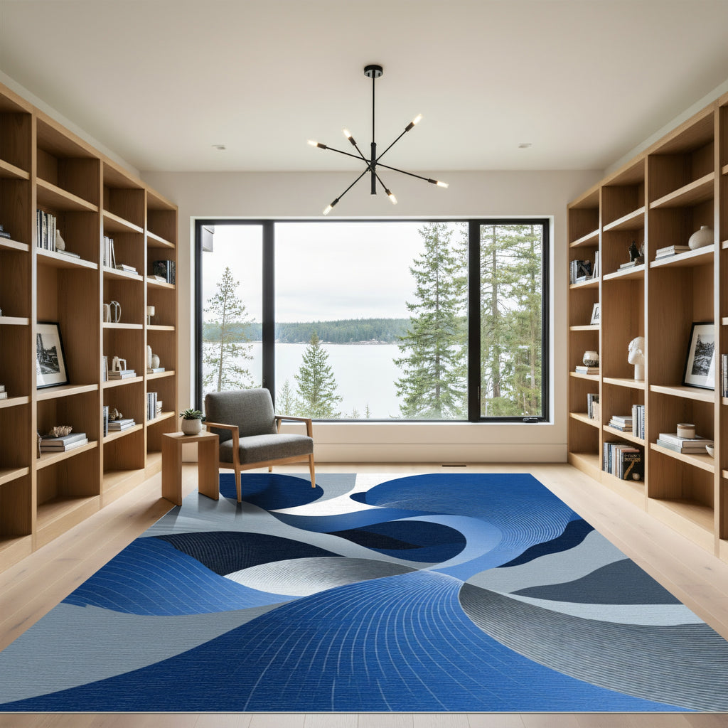 Deep Blue Abstract Flowing Waves Rug
