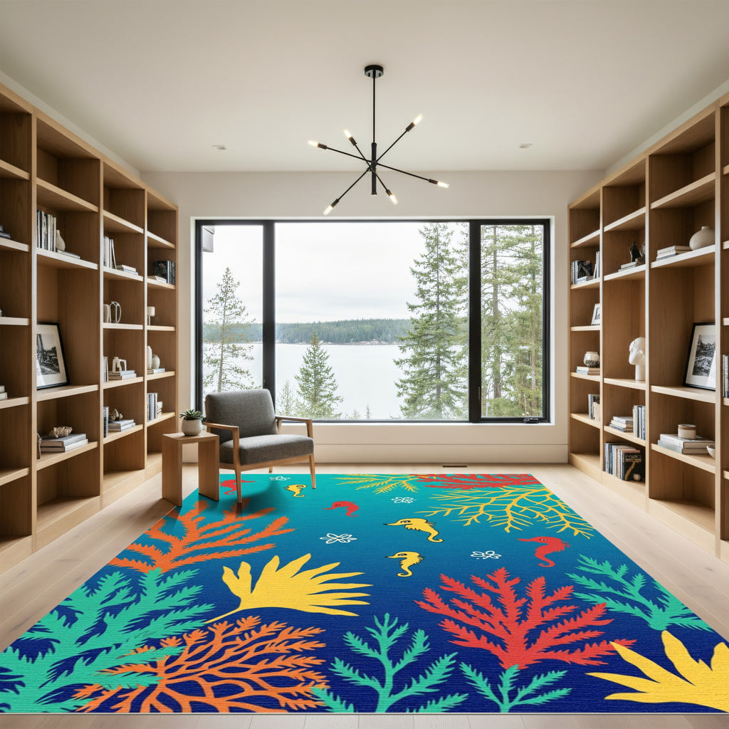 Coral Seahorse Turquoise Ocean Theme Rug