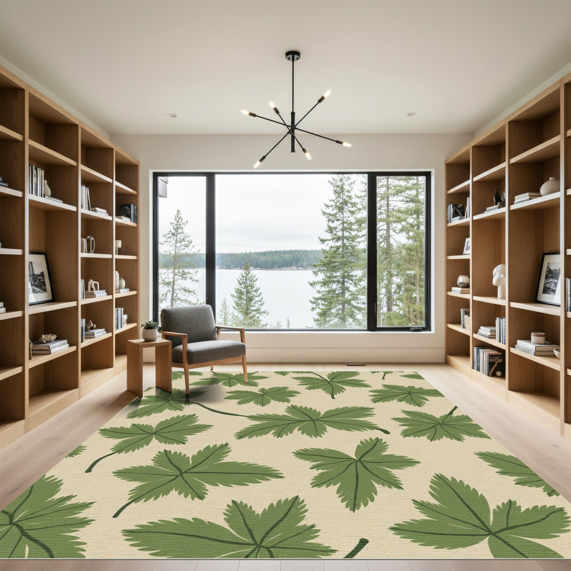 Green Leafy Branches Cream Rug