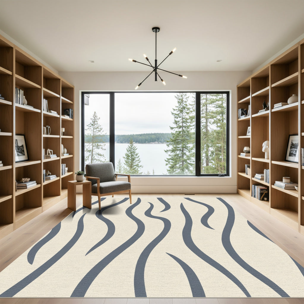 Cream Blue Wavy Stripe Composition Rug