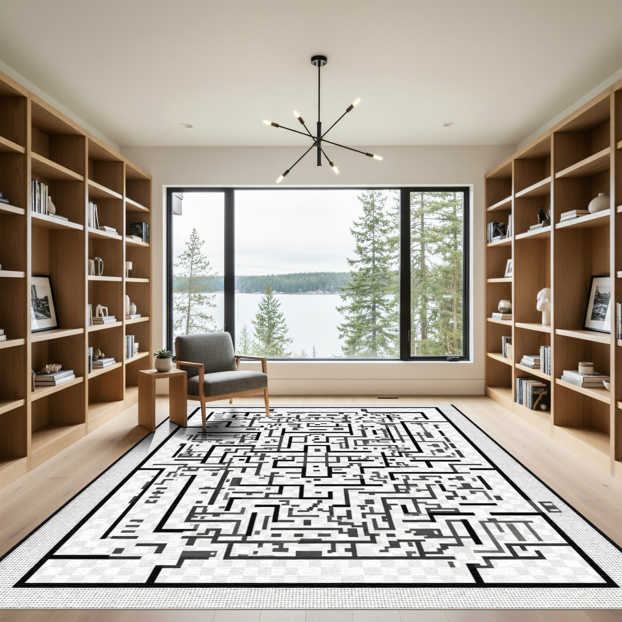 Modern Black White Abstract Maze Rug