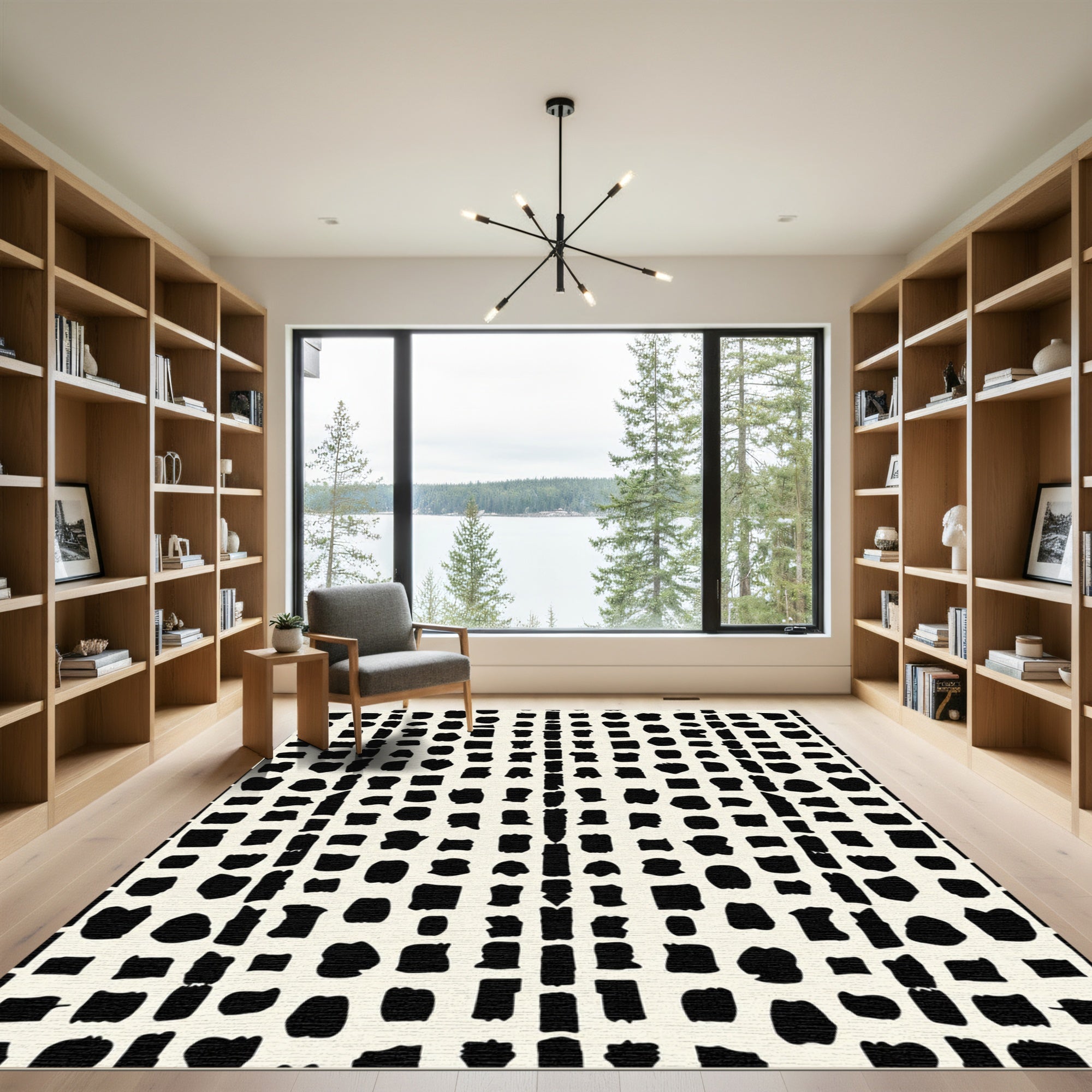 Black Abstract Organic Square Grid Rug