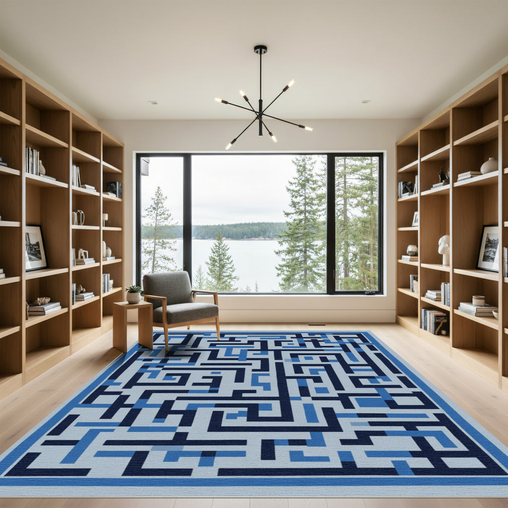 Navigational Blue Geometric Maze Rug