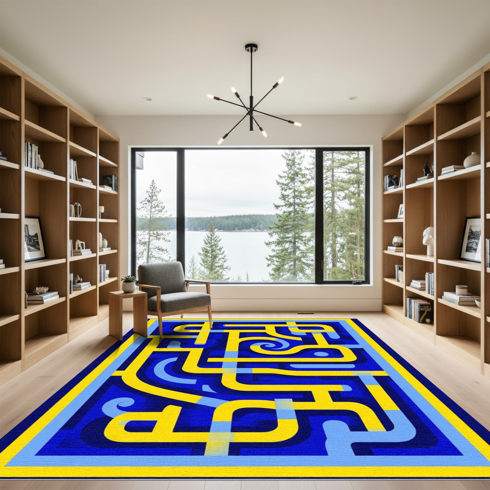 Bold Yellow Blue Geometric Maze Rug