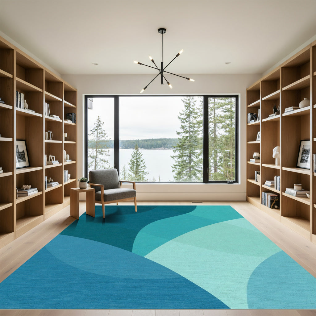 Teal Blue Wavy Abstract Shapes Rug