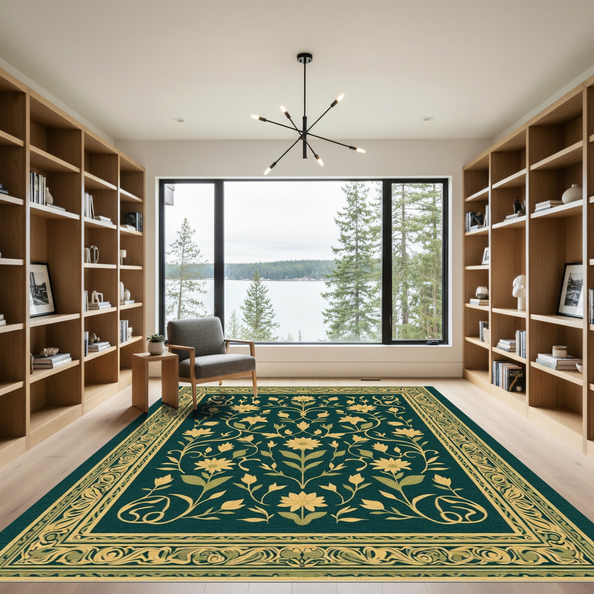 Deep Teal Golden Floral Scroll Rug