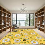Whimsical Yellow Daisy Bee Meadow Rug