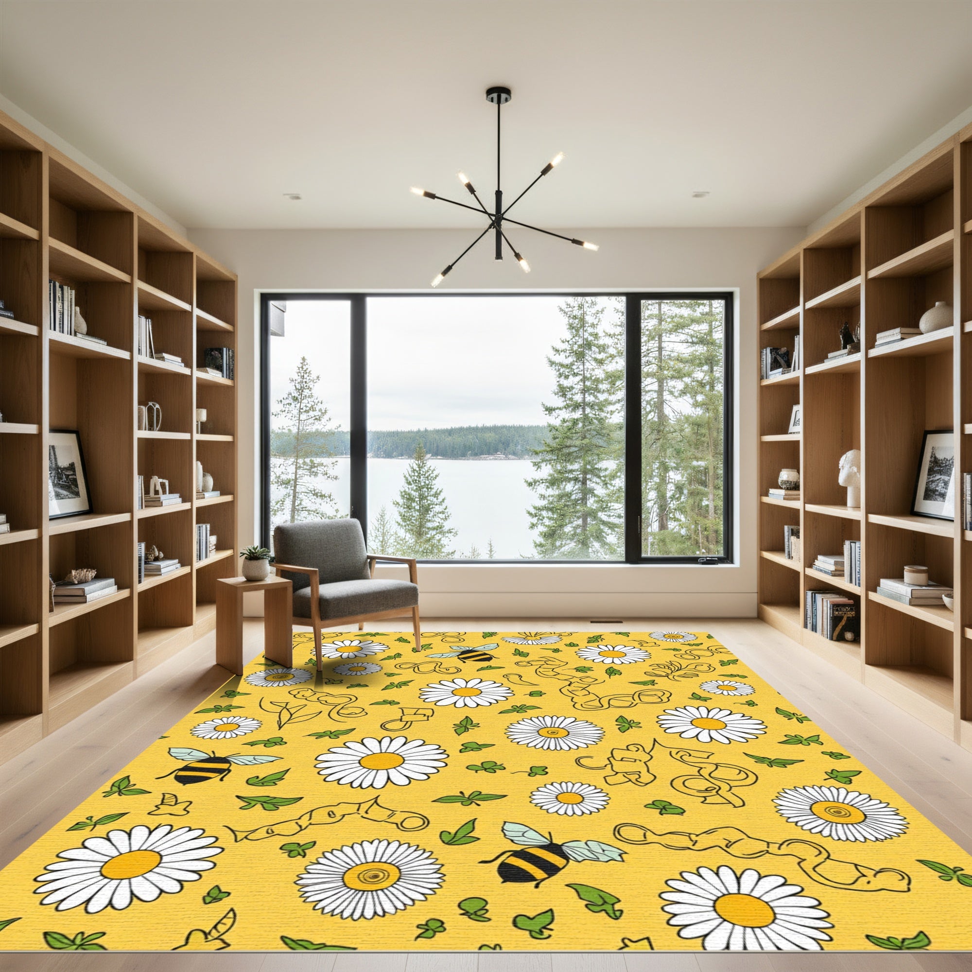 Whimsical Yellow Daisy Bee Meadow Rug