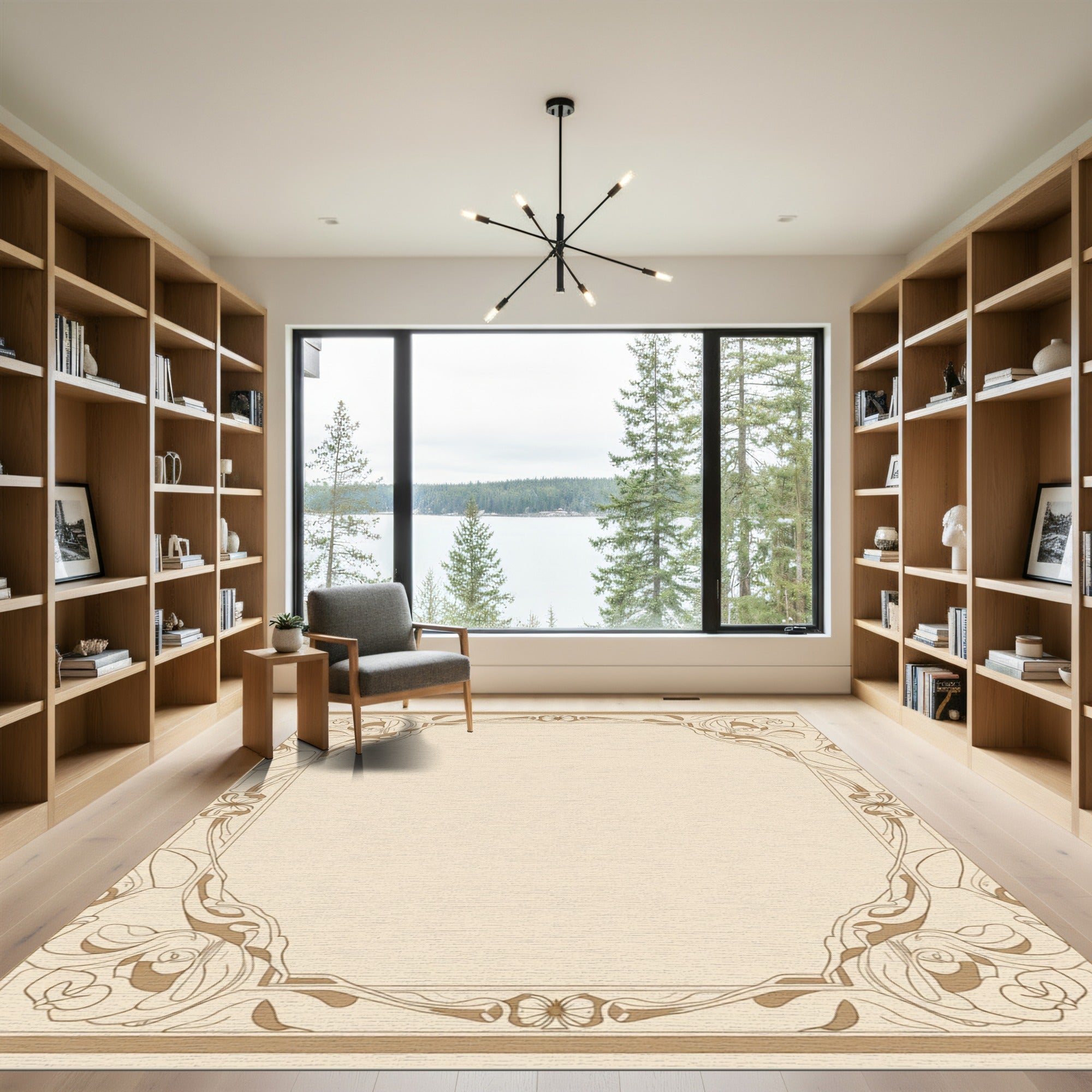 Elegant Beige Floral Art Nouveau Frame Rug