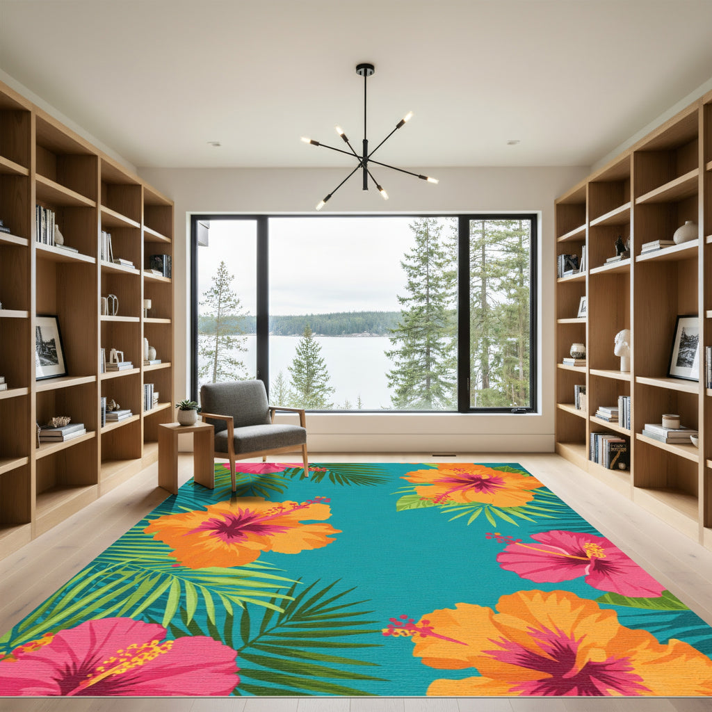 Vibrant Orange Pink Hibiscus Foliage Rug