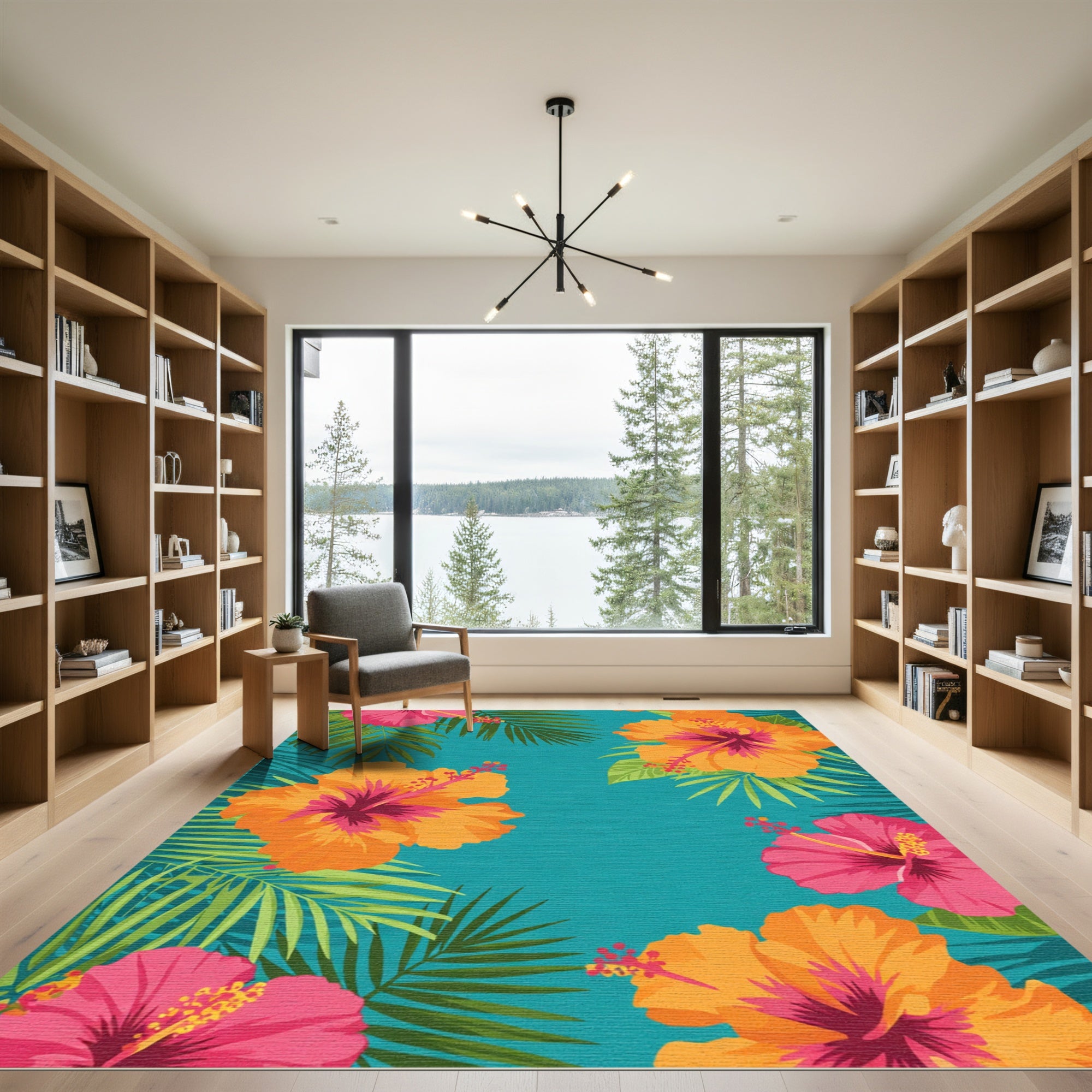 Vibrant Orange Pink Hibiscus Foliage Rug