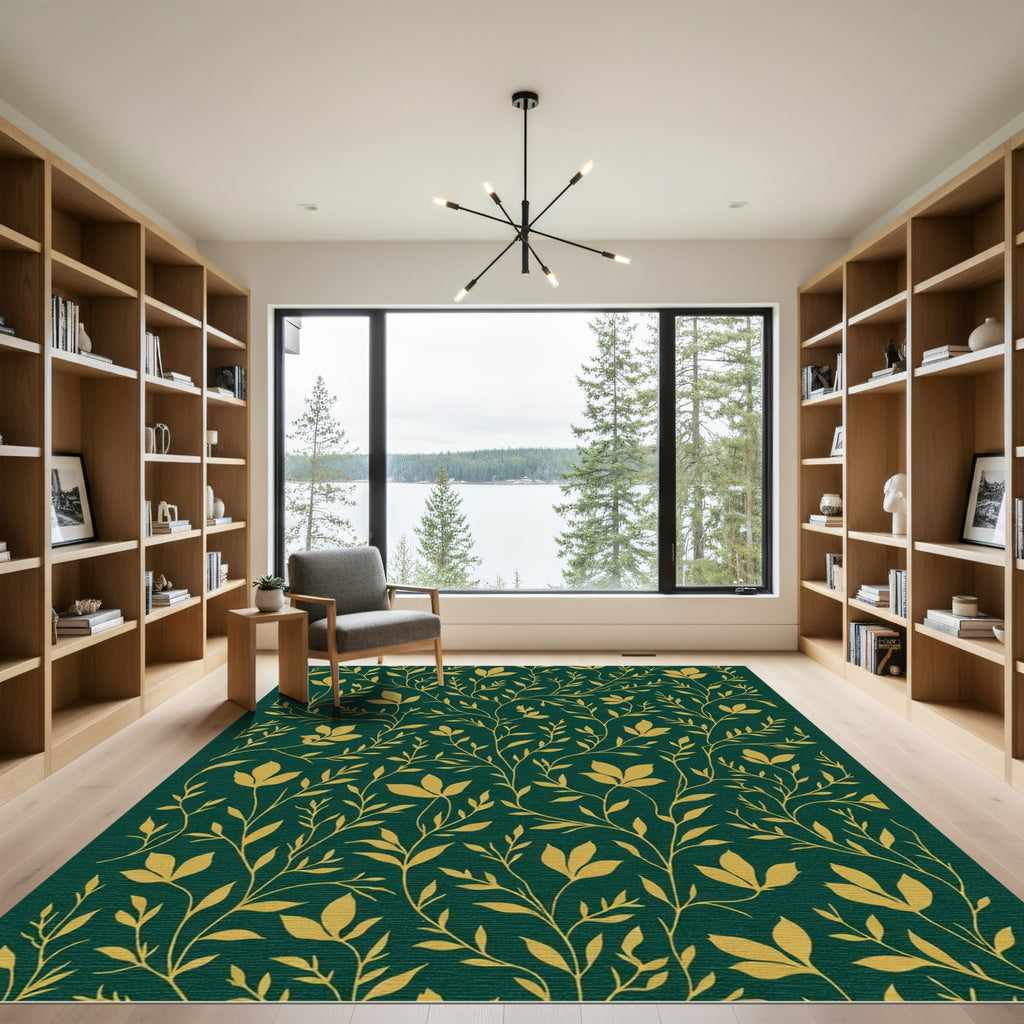 Deep Green Golden Floral Vine Rug
