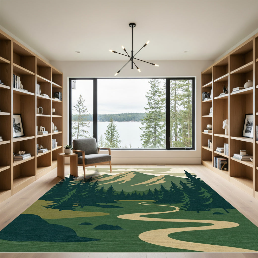 Earthy Green Mountain Forest Path Rug