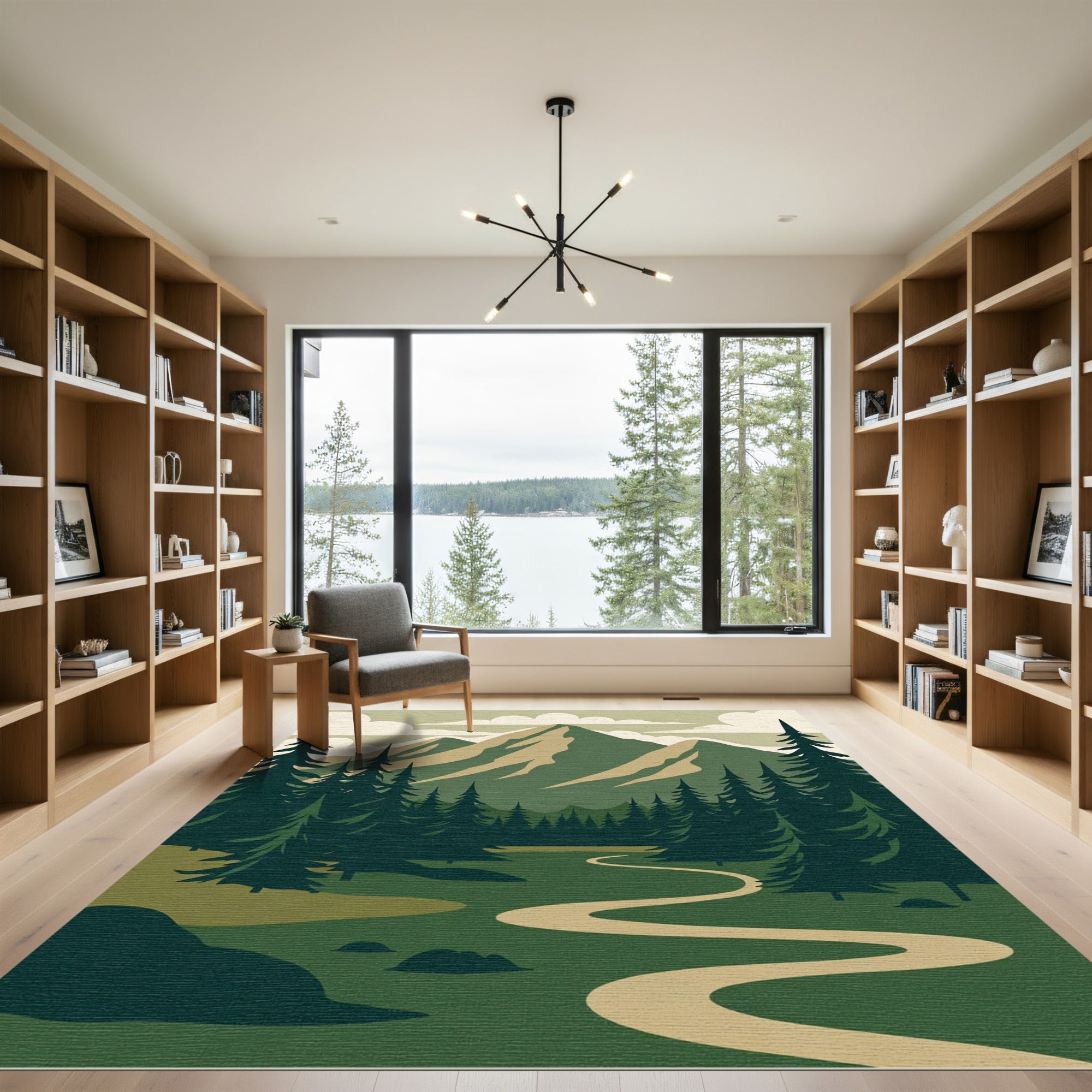 Earthy Green Mountain Forest Path Rug