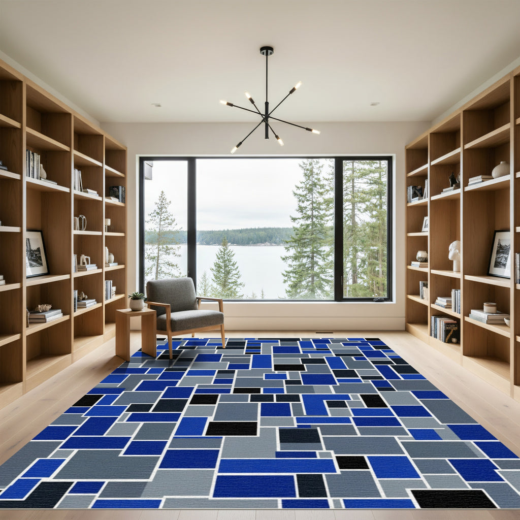 Modern Blue Gray Geometric Composition Rug