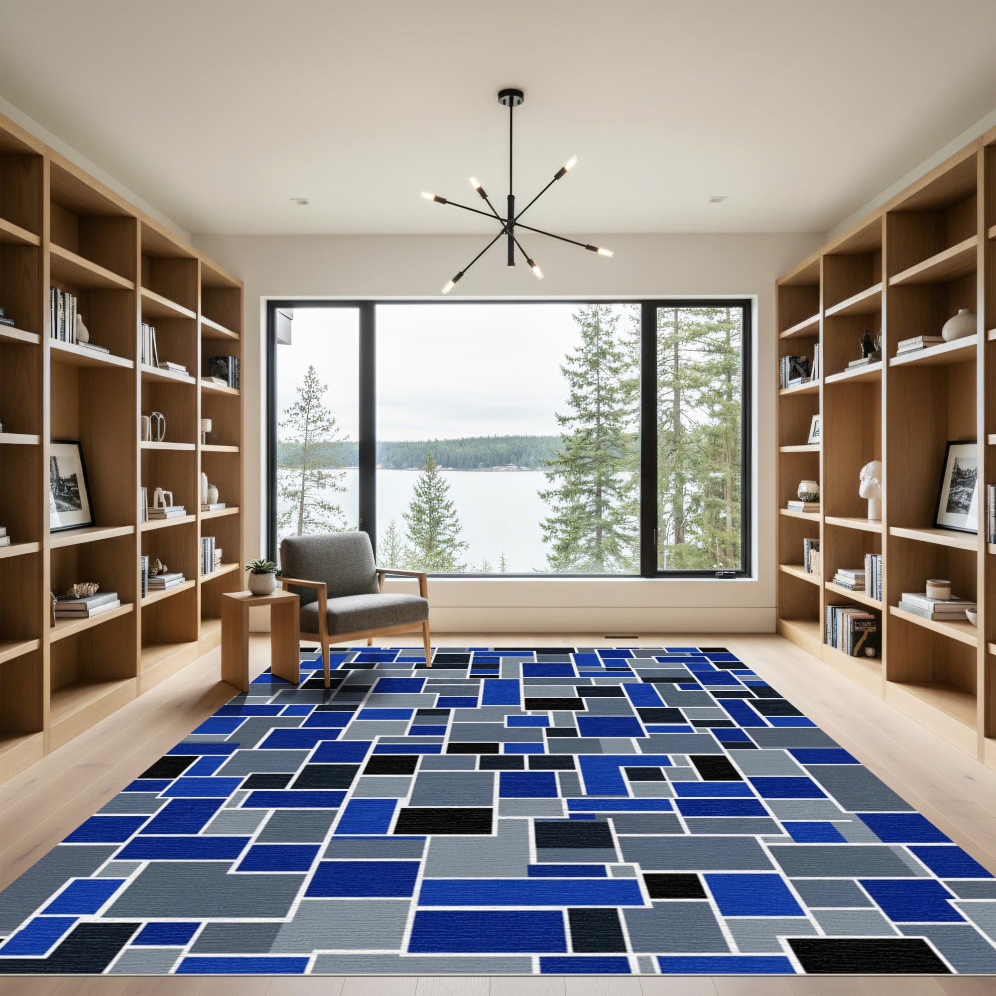 Modern Blue Gray Geometric Composition Rug