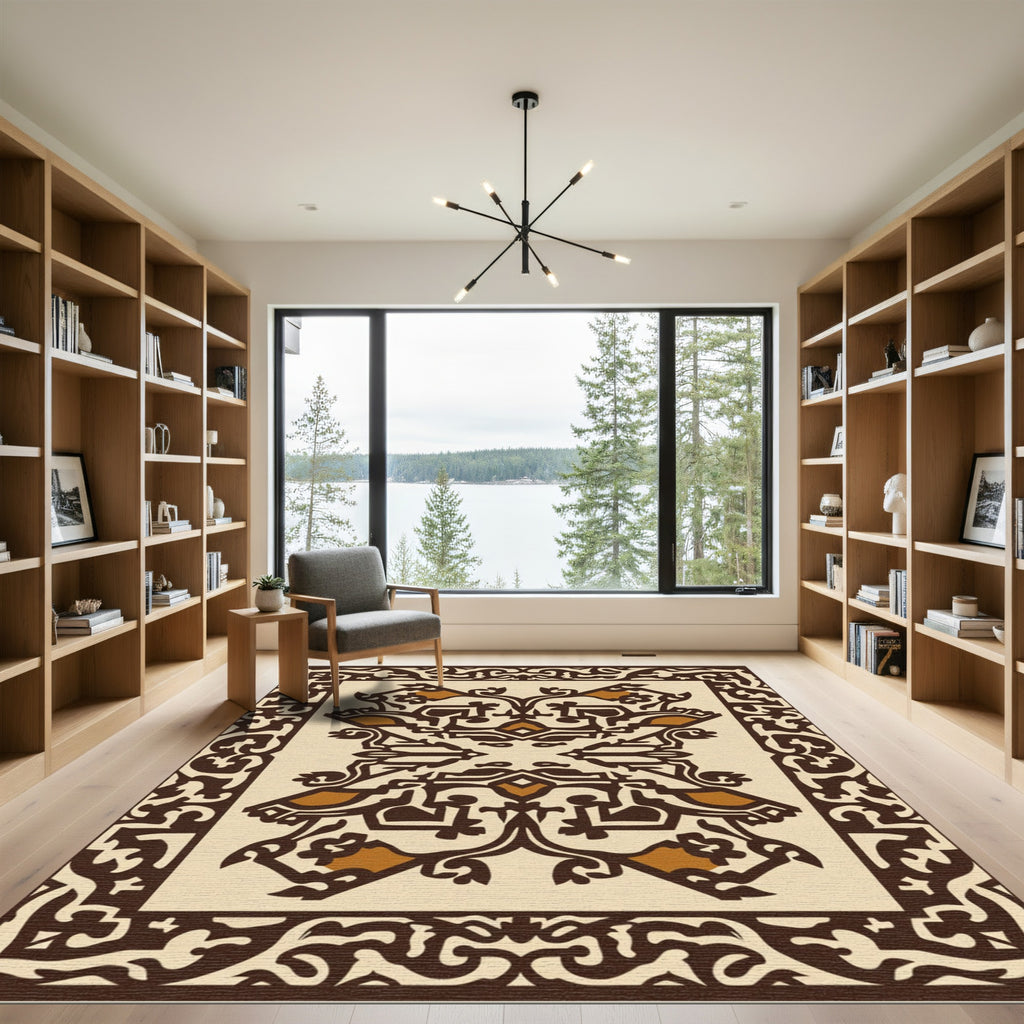 Brown and Ochre Ornamental Medallion Rug