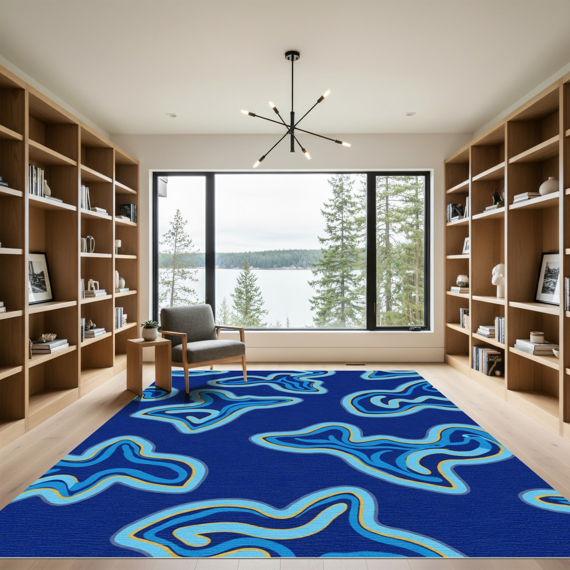 Deep Blue Abstract Wavy Shapes Rug