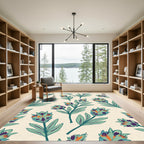 Teal Orange Botanical Blossom Statement Rug