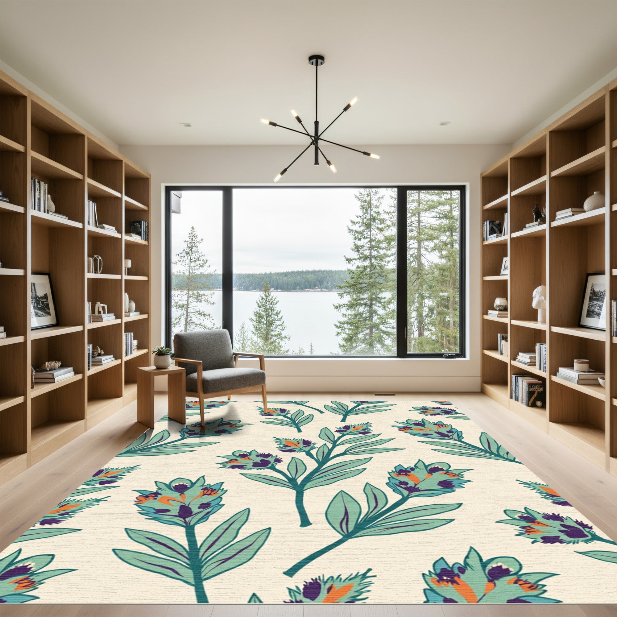 Teal Orange Botanical Blossom Statement Rug