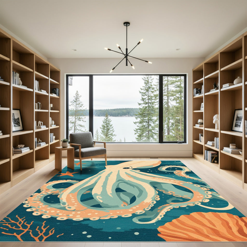Creamy Peach Octopus Coral Scene Rug
